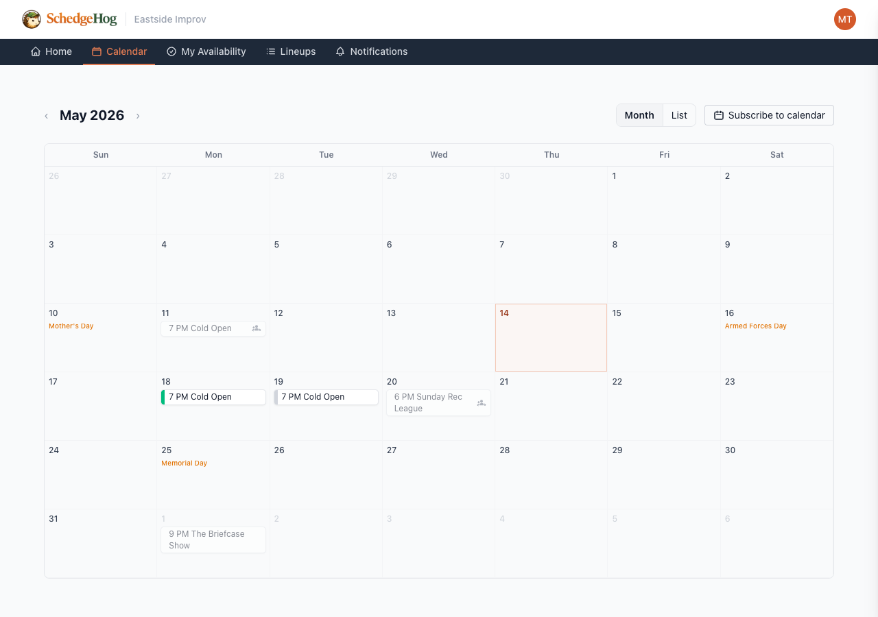 The desktop calendar with upcoming shows