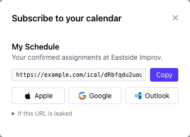 Subscribe to your calendar modal with My Schedule URL and Apple, Google, Outlook buttons