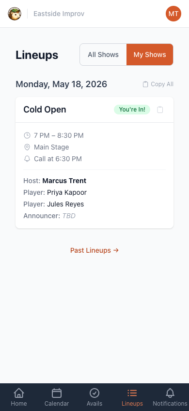 Lineups tab with My Shows selected, showing a Cold Open lineup card with a "You're In!" badge