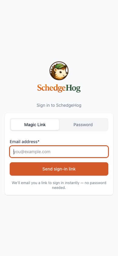 SchedgeHog sign-in page on a phone, Magic Link tab selected