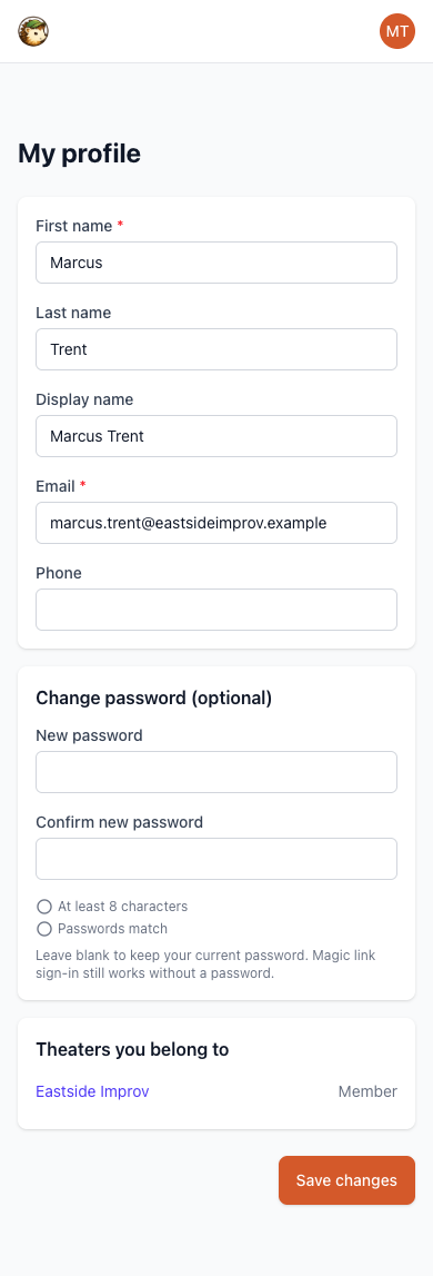 My profile page on a phone, showing the Change password section