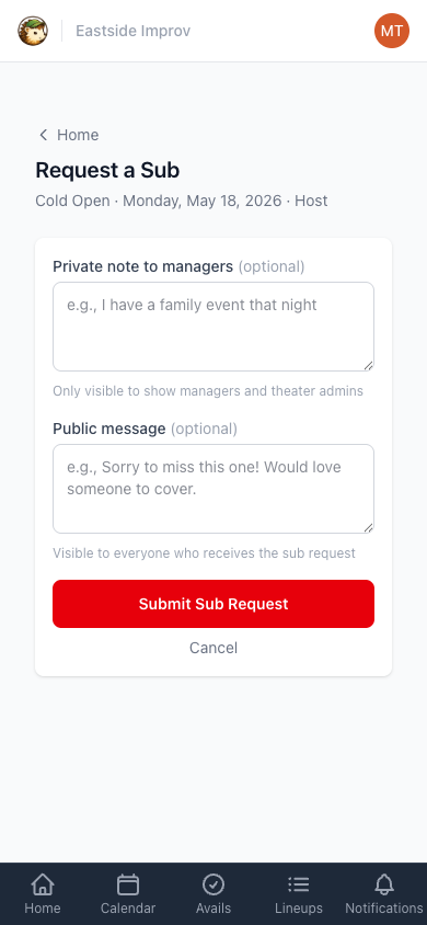 The Request a Sub form with private and public message fields
