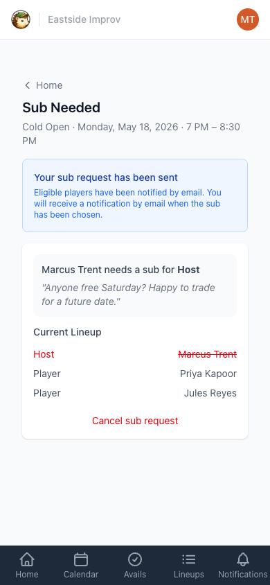 Sub Needed status page showing the request is out