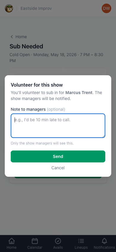 Volunteer modal with an optional note field