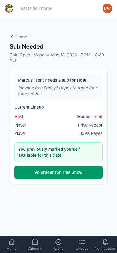 Sub request page with the green Volunteer button