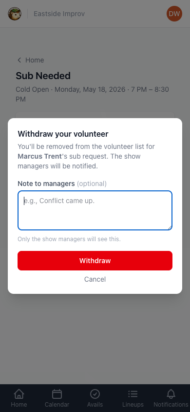 Withdraw your volunteer modal