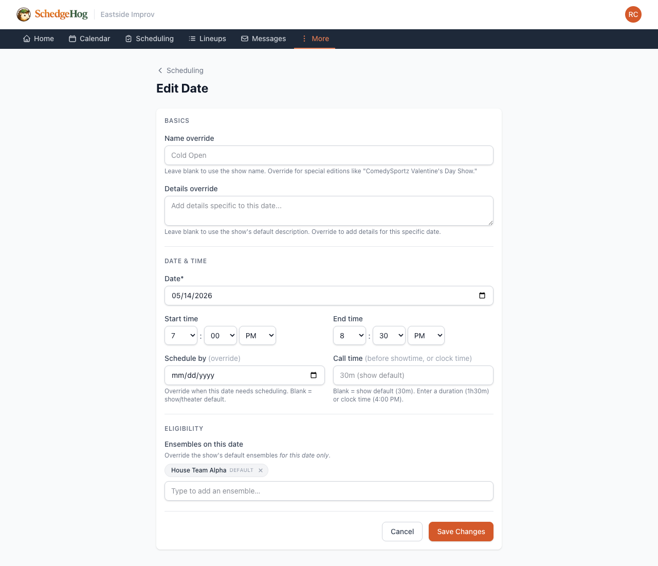 The Edit Date form