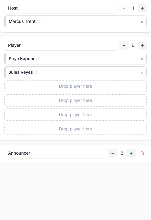 The roles column in edit mode, showing +/- buttons next to each role