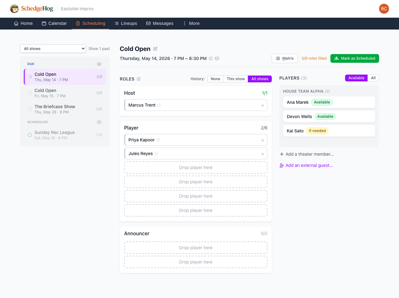 The scheduling workspace