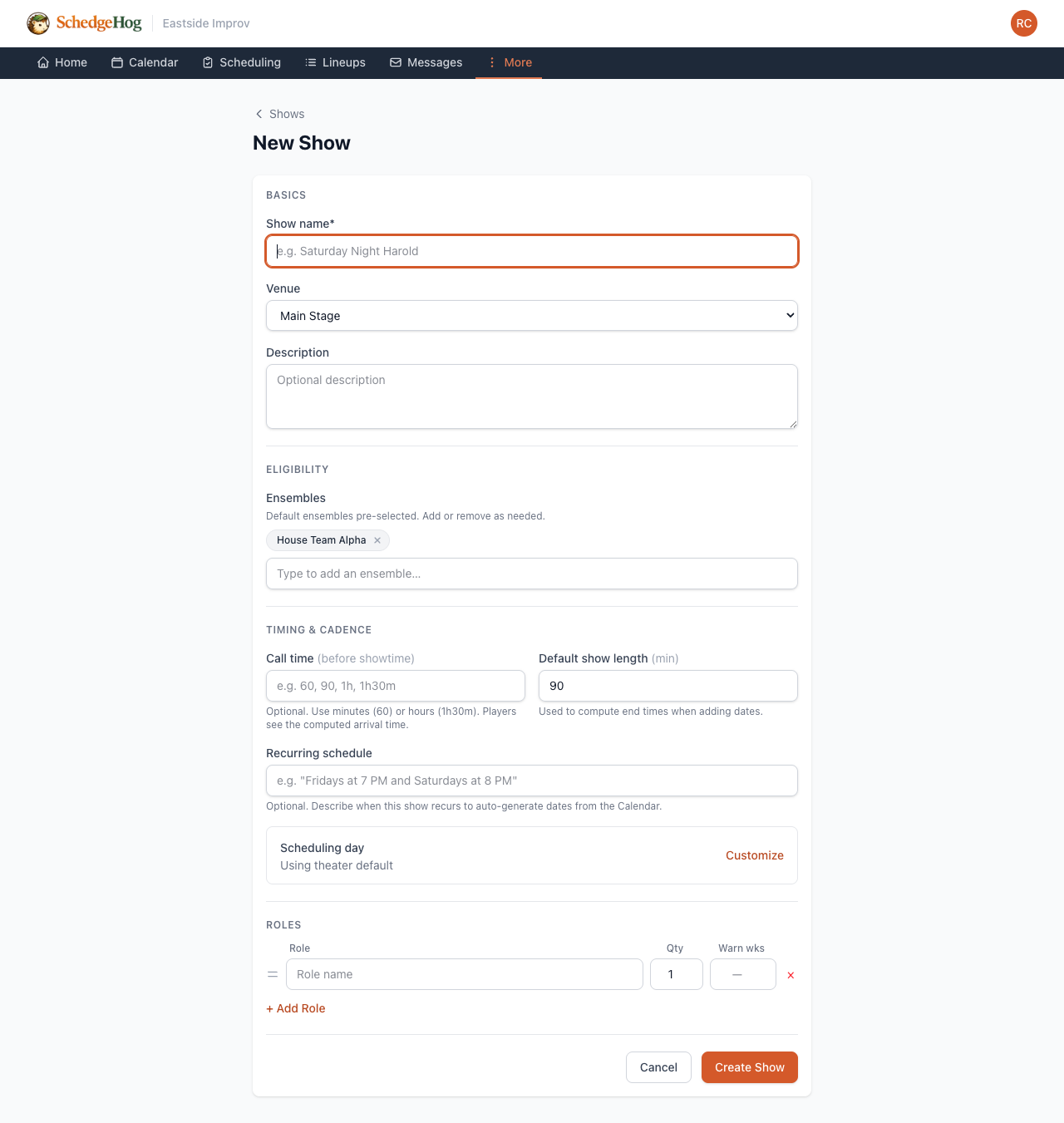 The new-show form, with sections for Basics, Eligibility, Timing & cadence, and Roles.